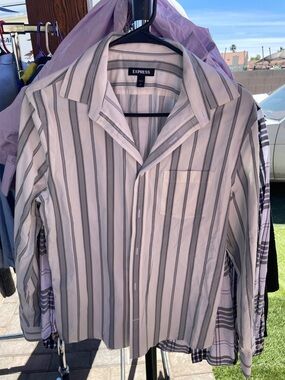 Express Men’s Vertical Stripe Button-Down Shirt - Light Pink & Gray